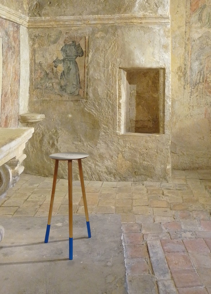 A Ponente
etched steel, pine, linseed oil. acrylic
installation view, Chiesa Rupestre Madonna della Grazie, Matera, 2026